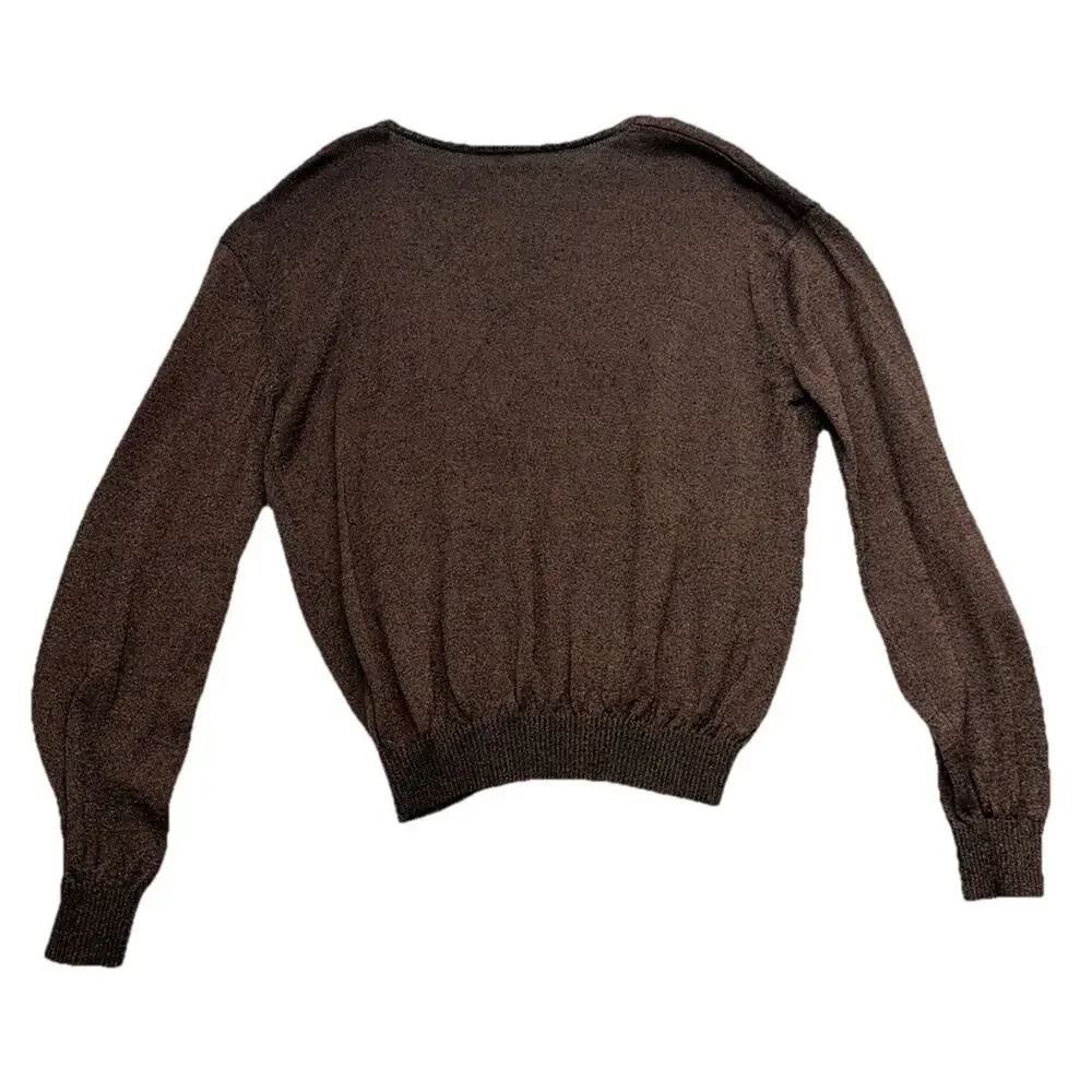 Free People Pullover Sweater Gold Dust Shimmer Deep VNeck Size Medium Linen